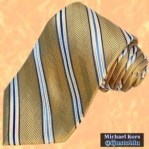 Michael Kors Necktie 100% Silk Gold Herringbone Jacquard Tie Blu/Wht/Gld Stripes
